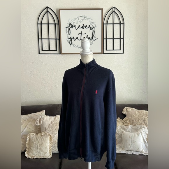 Polo Ralph Lauren Navy Blue Full Zip Cable Knit Sweater Men’s Size XL Classic - Picture 11 of 15
